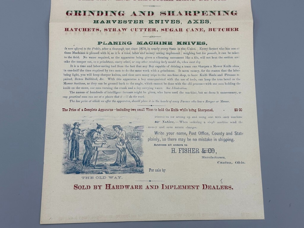 1890s Fisher&rsquo;s PRAIRIE MOWER KNIFE Grinding SHARPENER Canton OH Advertising FARM