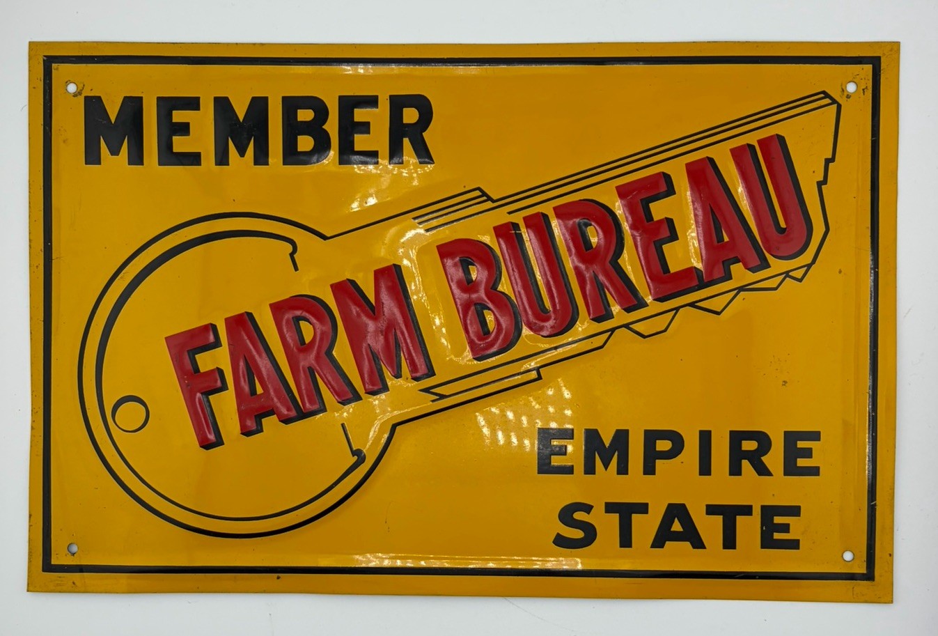 Original MEMBER FARM BUREAU Empire State TIN LITHO Barn SIGN Metal Embossed Key