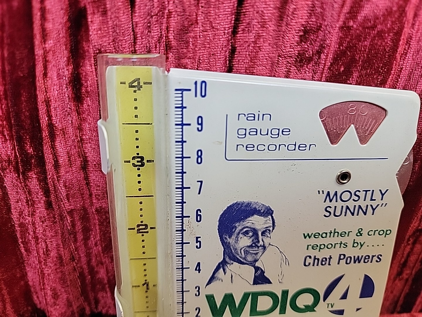 ADVERTISING RAIN GAUGE RECORDER WDIQ CHANNEL 4 CHET POWERS NEWS SUNNY WEATHER