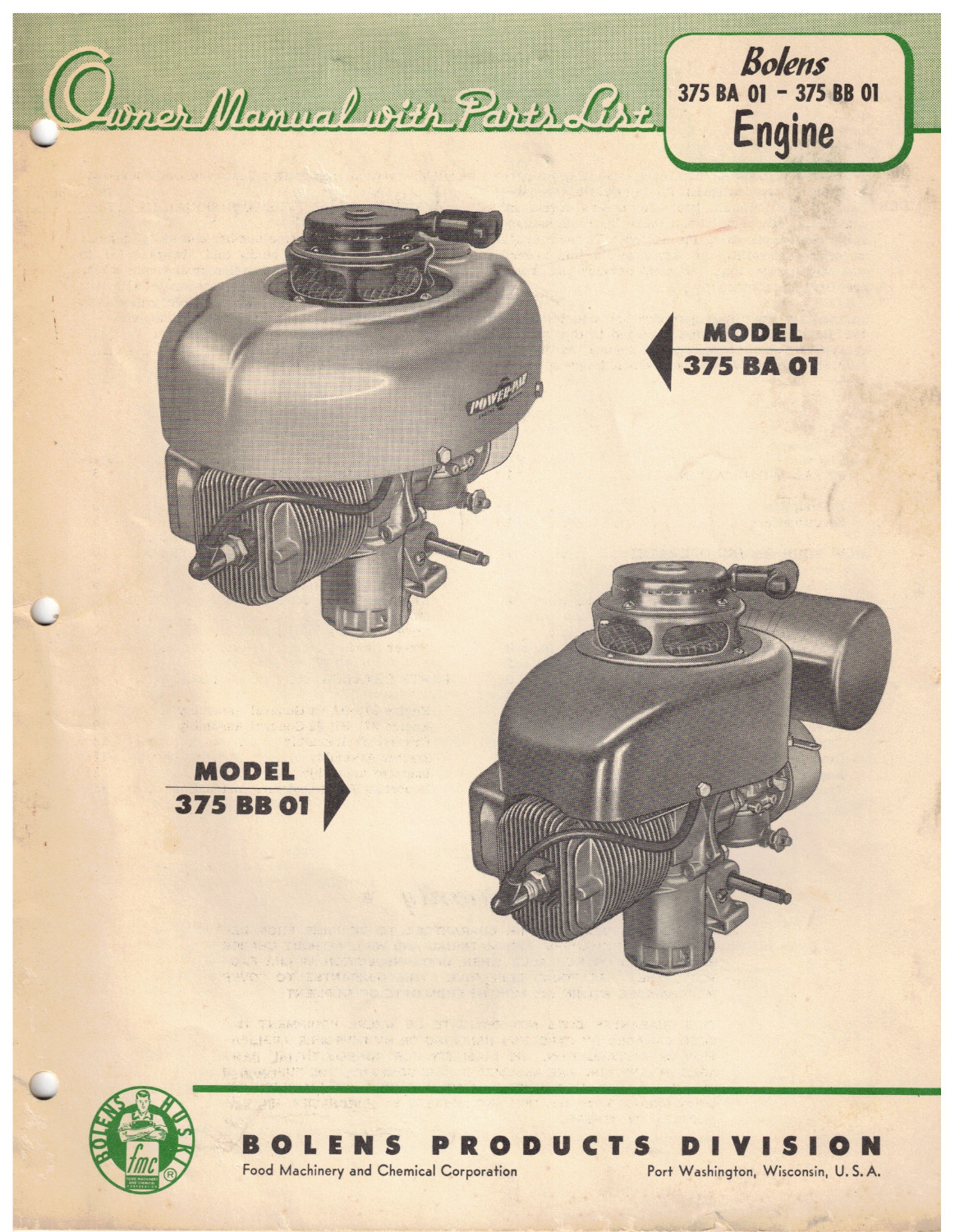 VINTAGE 1950s BOLENS ENGINE OWNER MANUAL & PARTS LIST/CATALOG! 375 BA 01/BB 01