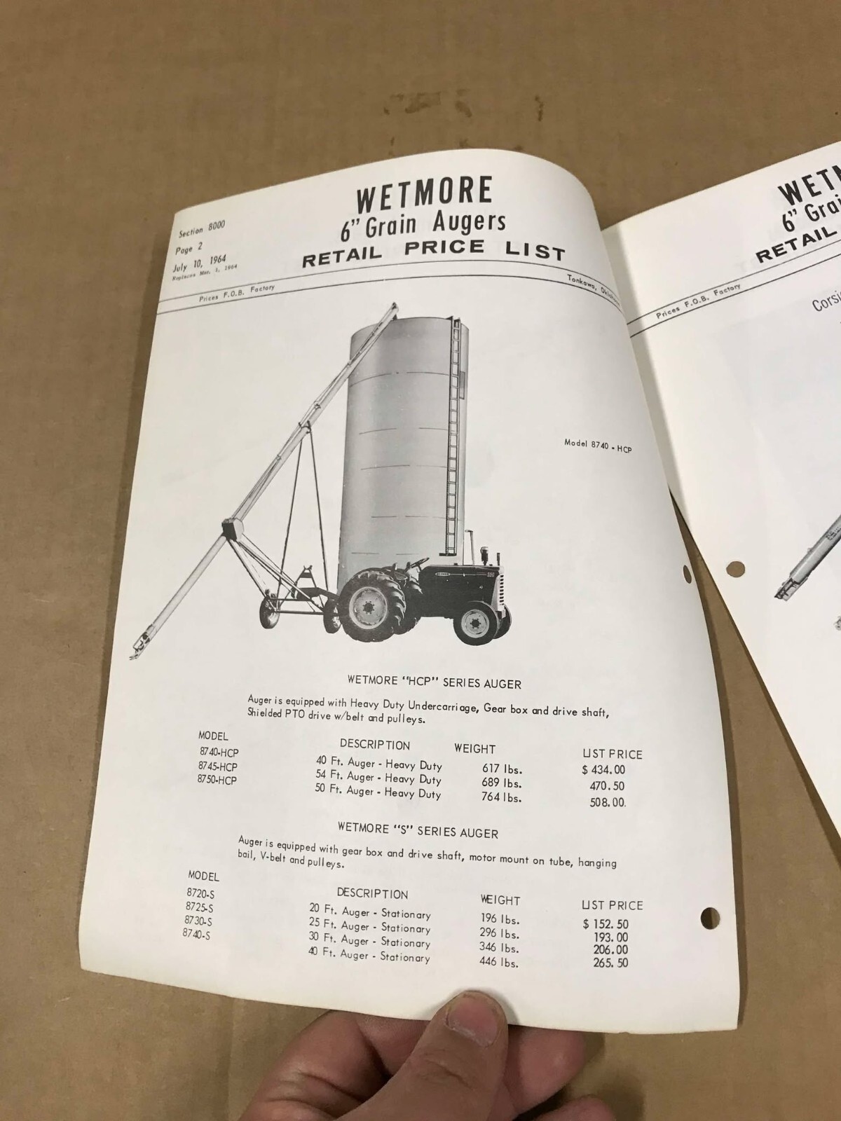 Vintage 1964 Wetmore 6&Prime; Grain Augers Retail Price List