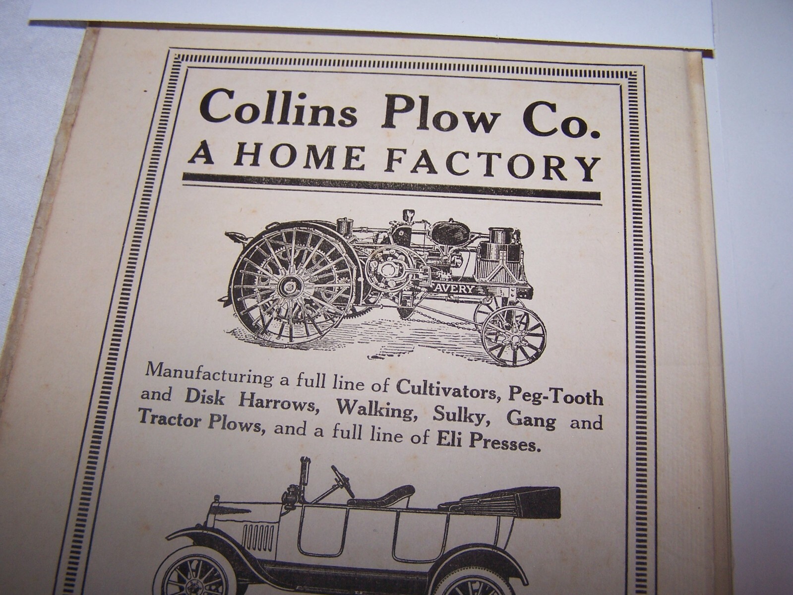1918 COLLINS PLOW CO – Ford Autos – Deering – Avery Tractors QUINCY ILLINOIS Ad