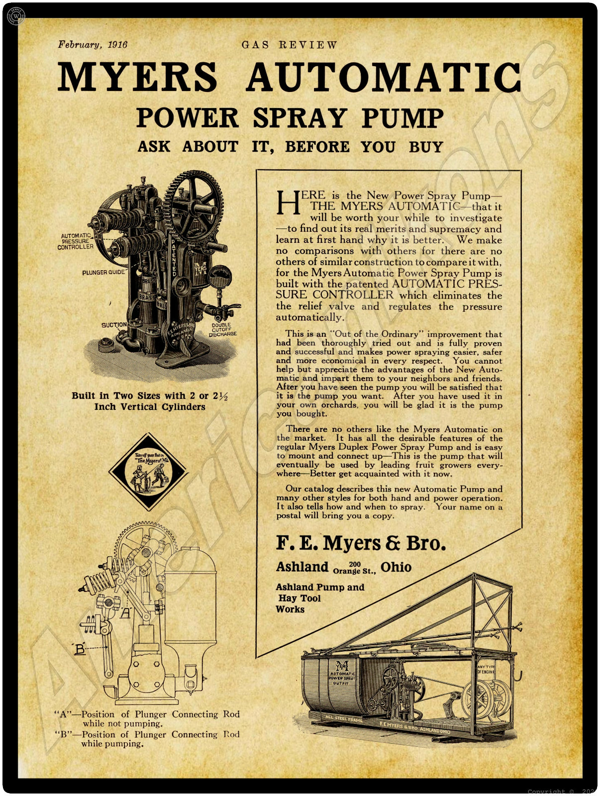 1916 F.E. Meyers Spray Pump New Metal Sign: Ashland, OH – LARGE SIZE 12 x 16