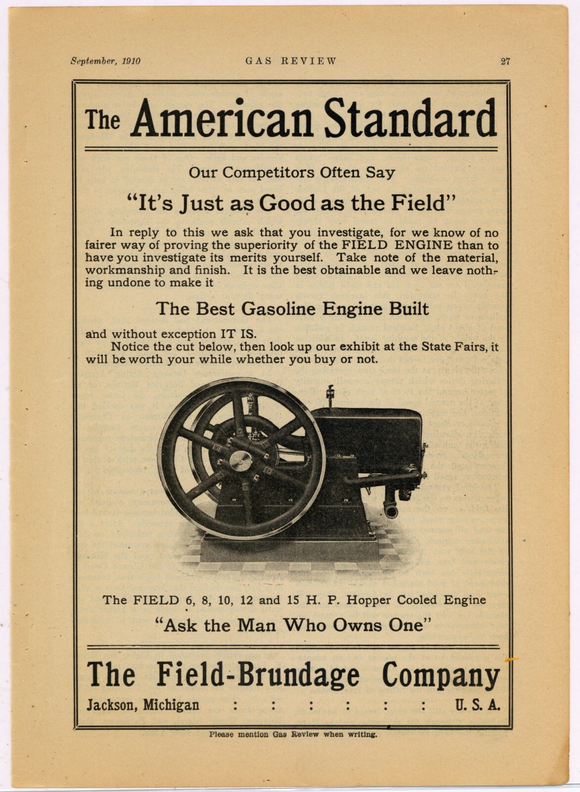 1910 Field Brundage Gasoline Engine Ad: The American Standard – Jackson, MI