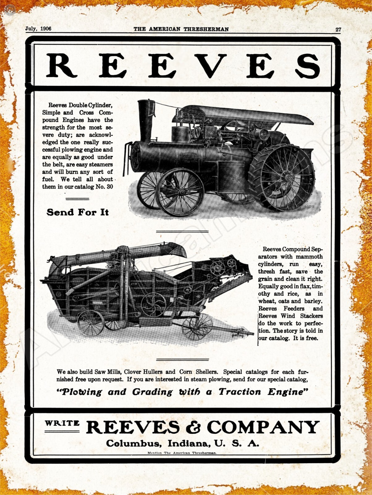 1906 Reeves Threshing Machines, Columbus, IN New Metal Sign: 12×16&Prime; Ships Free