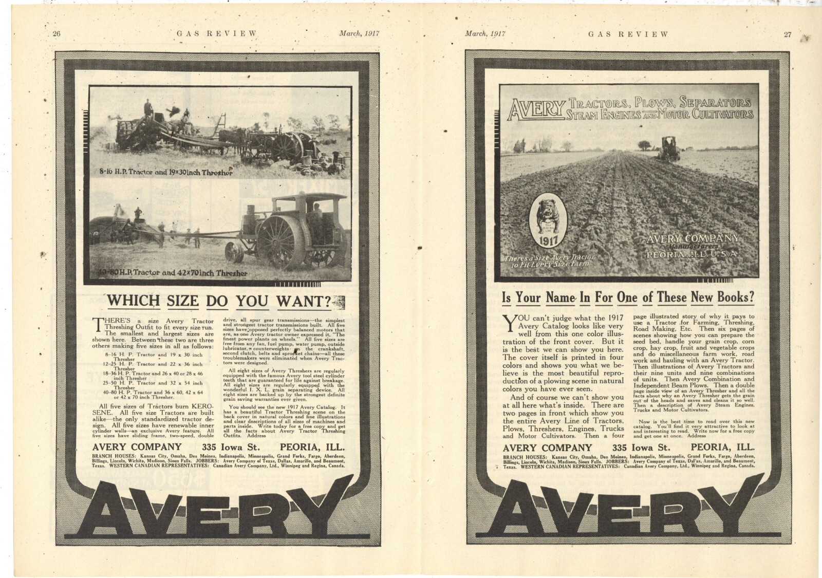 1917 Avery Co. True Centerfold Ad: Tractor & Thresher Outfit Combo Pics. Peoria