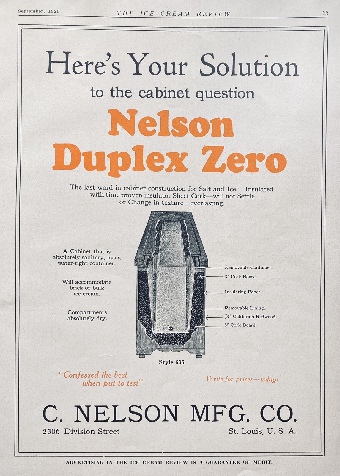1925 AD.(XF12)~C.NELSON MFG. CO. ST. LOUIS, MO. DUPLEX ZERO ICE CREAM CABINET