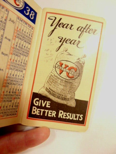 used Virginia-Carolina Fertilizers advertising notebook: 1938 & 1939 calendars