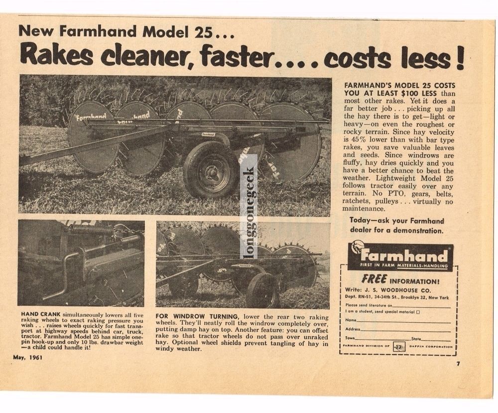 1961 Farmhand Model 25 Hay Rake Vintage Ad