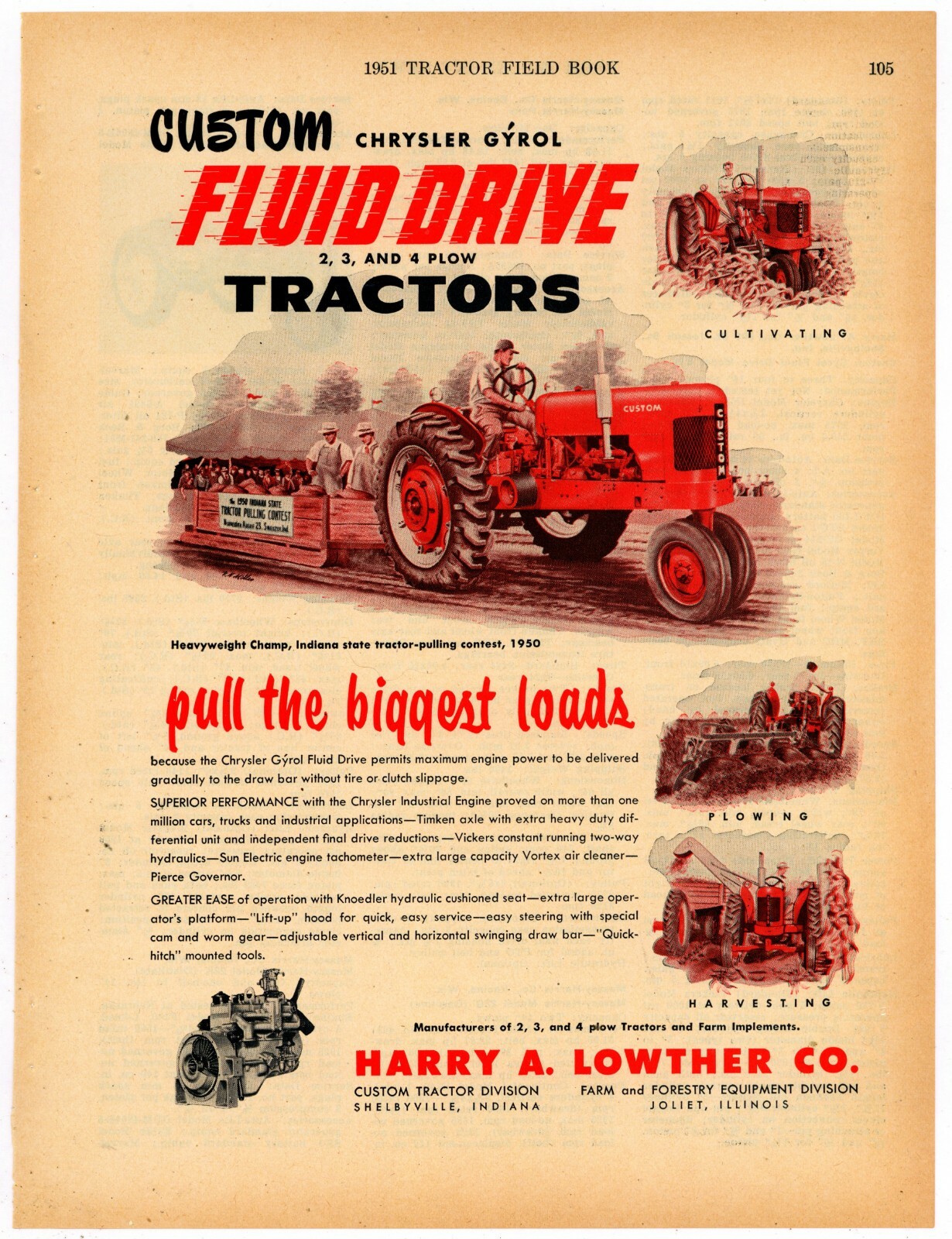 1951 Custom Tractor Ad: Indiana State Tractor Pulling Contest Theme – Lowther Co