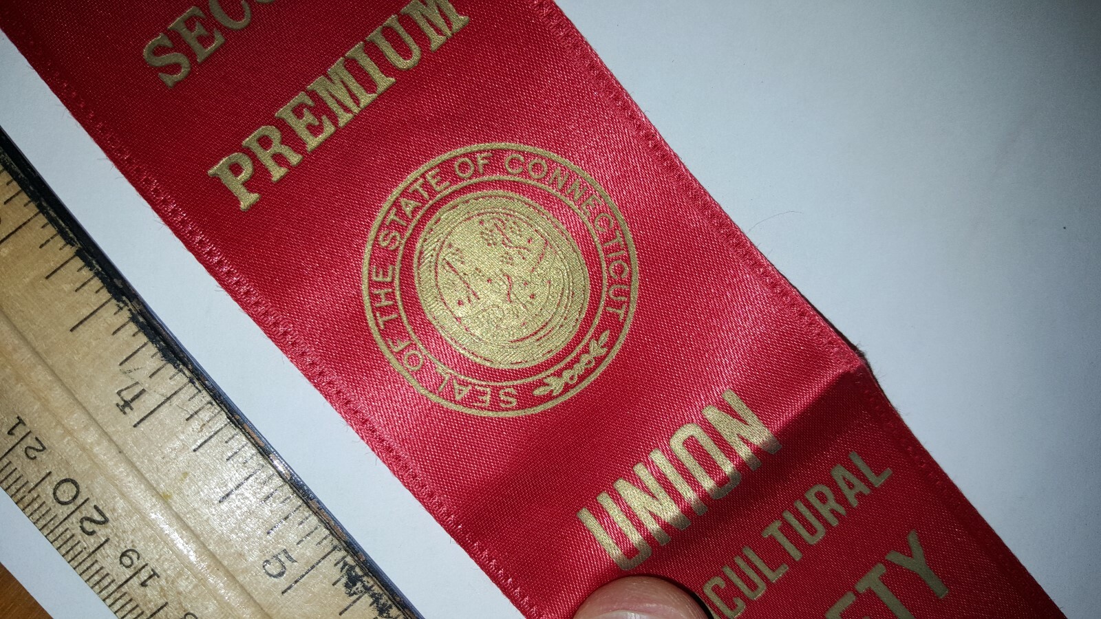 VINTAGE CONNECTICUT RIBBON Union Agricultural Society SECOND PREMIUM