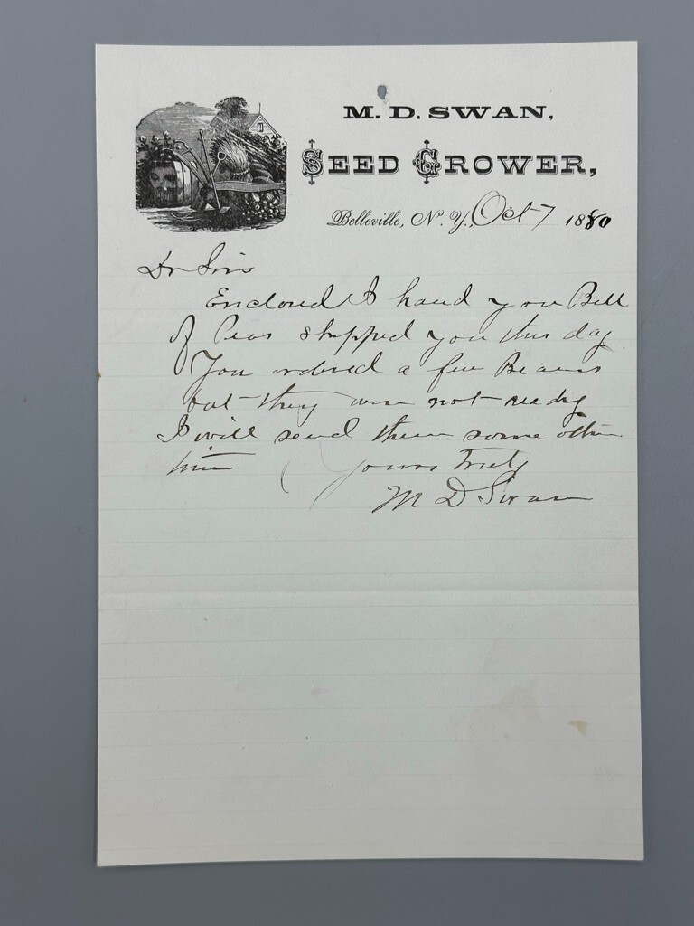 1880 SEED GROWER MD Swan FARM Advertising Letter BELLEVILLE NY