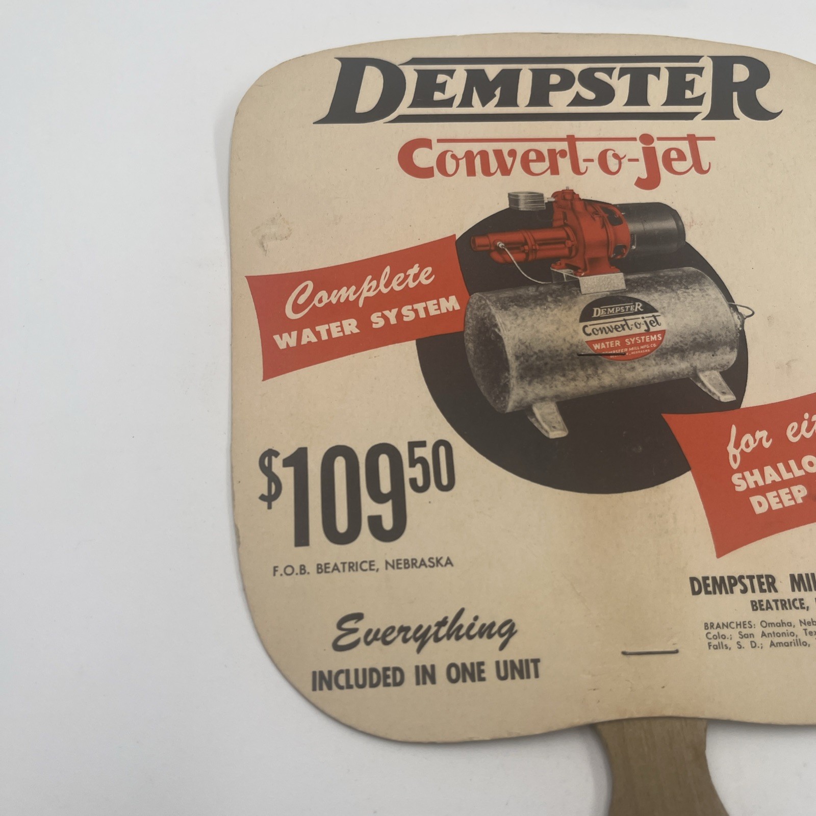 Vintage Dempster Convert-O Jet Water System Promotional Hand Fan 11.5” x 7.5”