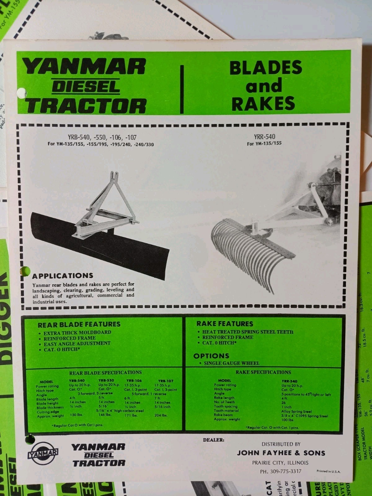 6 Yanmar Tractor Implements Spec Sales Sheet Flyer Farm Equipment Loader Tiller