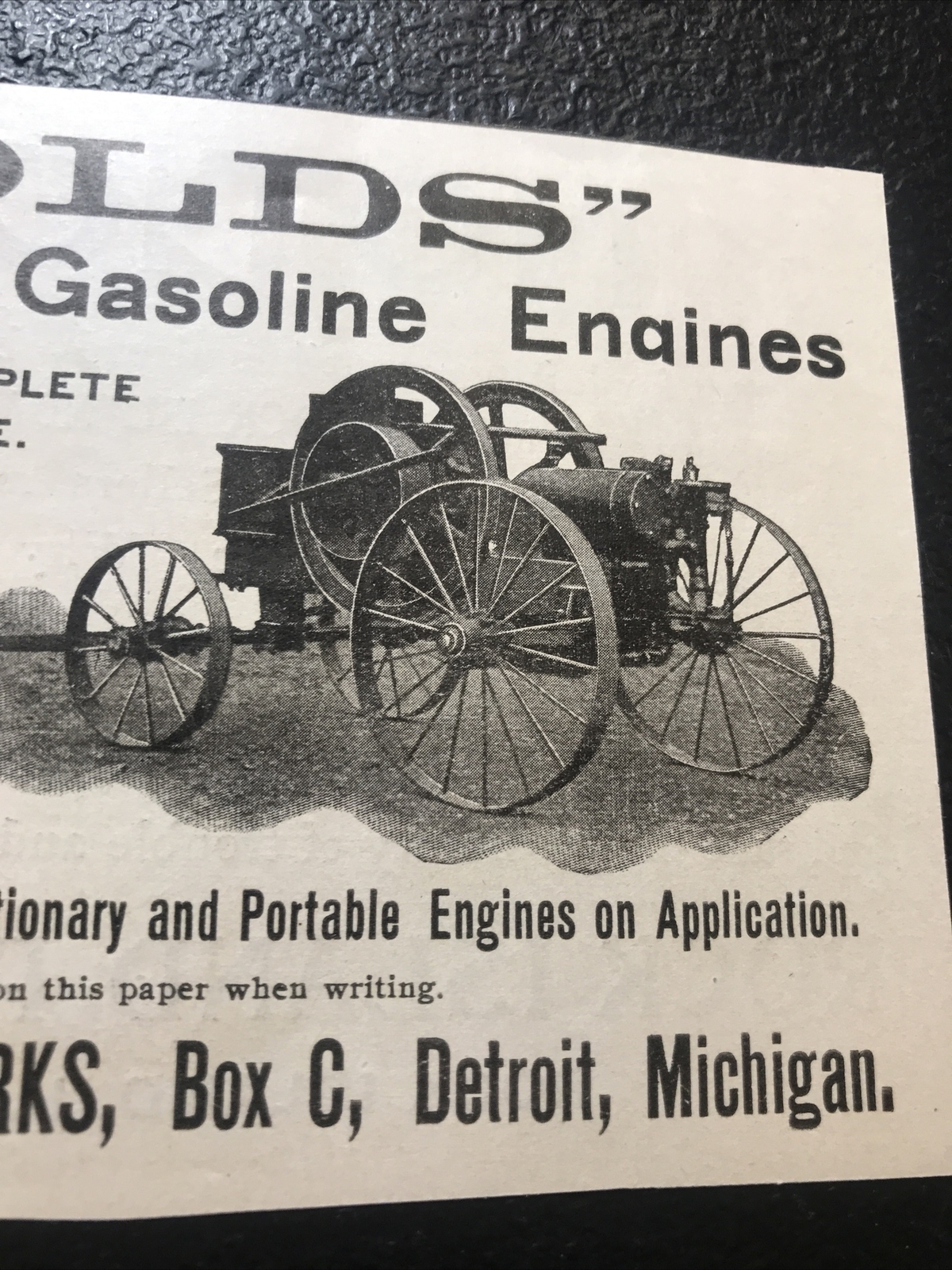 ORIGINAL 1900 Olds Motor Works Engines Farm Advertising – Detroit – Michigan