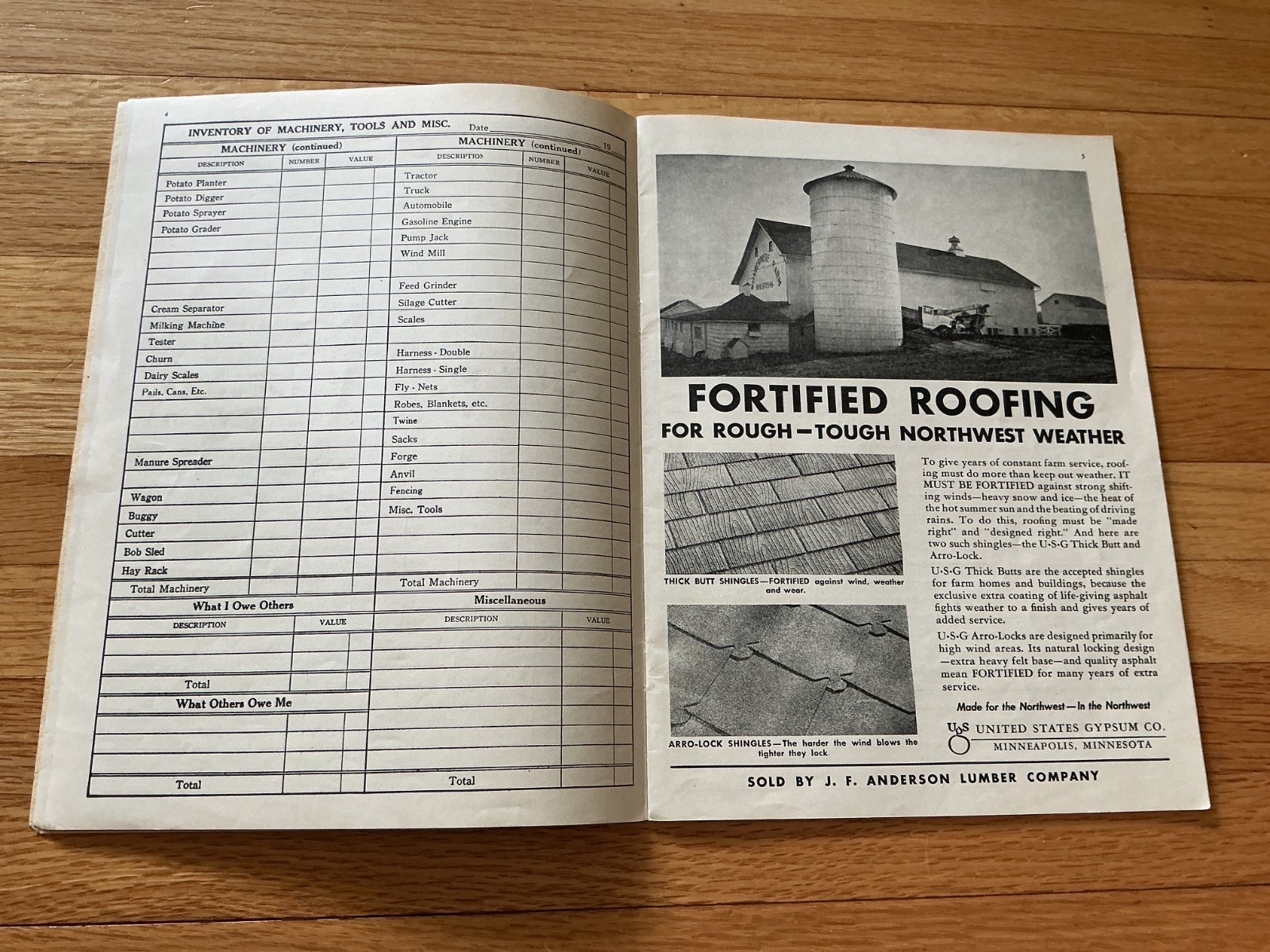 1945 Farm Acct. Record Book – J. F. Anderson Lumber Co. Minnesota, Iowa, Dakotas