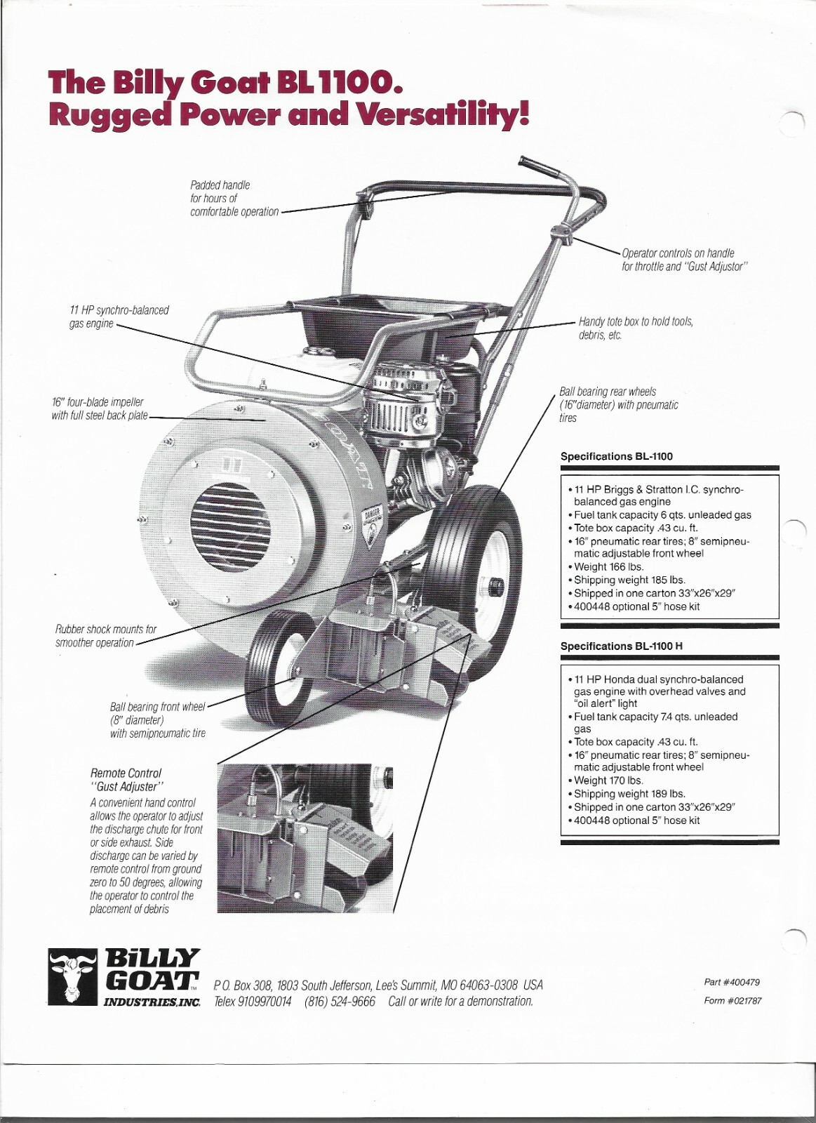 Original OEM OE Billy Goat Model BL1100 Blower Sales Brochure Form No. 021787