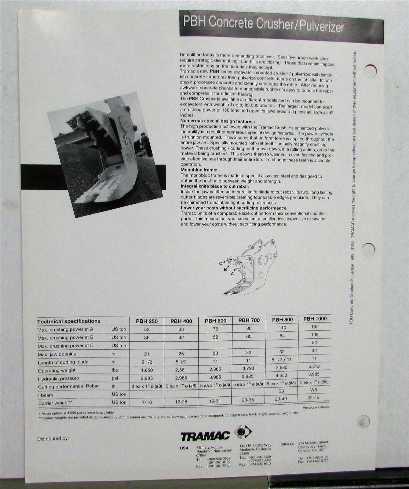 1990s Tramac PFH Crusher Pulverizer Construction Sales Data Sheet