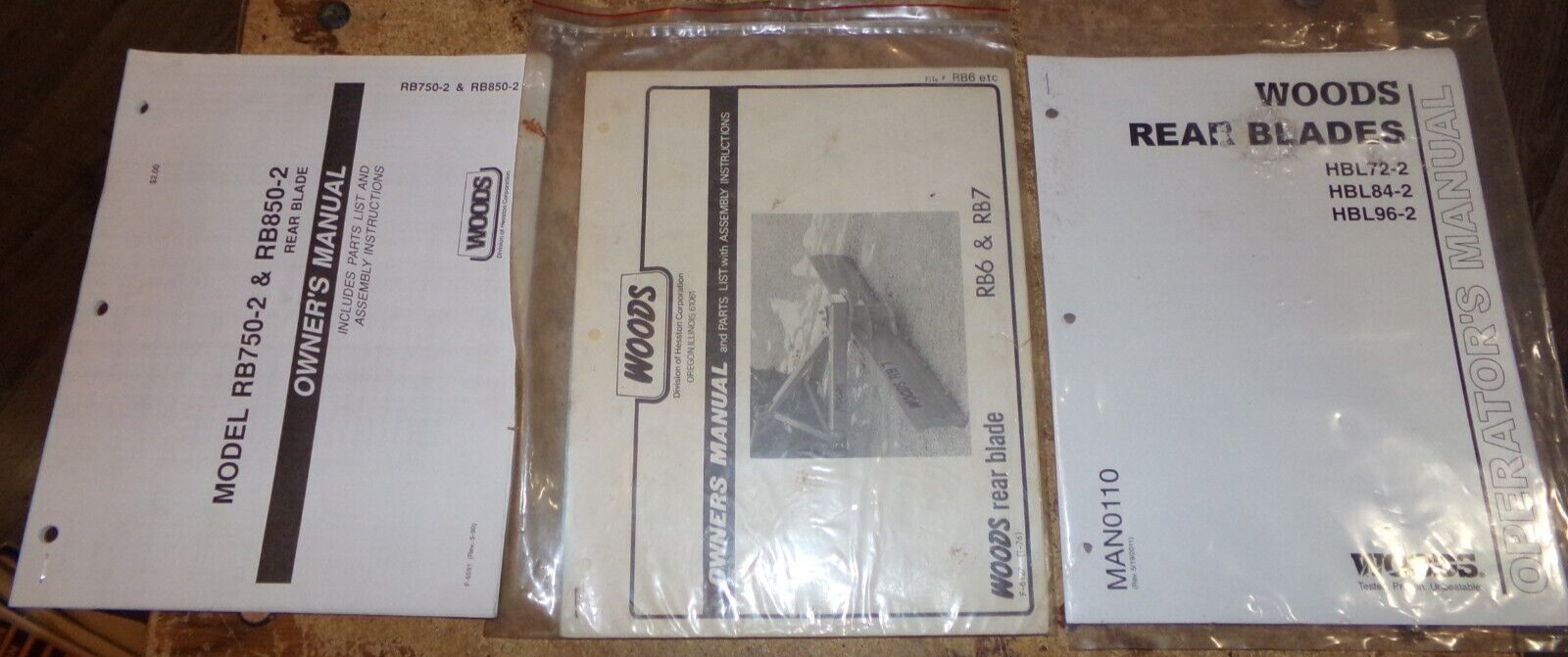 3-lot 1970&rsquo;s-1990&rsquo;s woods rear blades owners manuals in good shape used