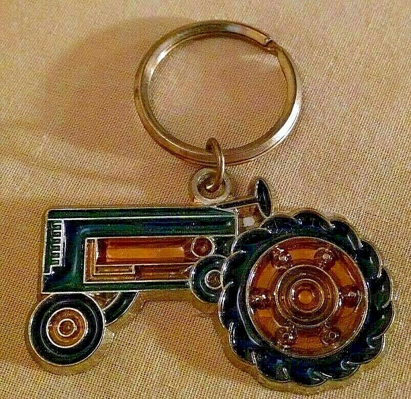 TRACTOR KEYCHAIN NEW GREEN YELLOW STAINED GLASS GOLD METAL KEY RING UNMARKED.