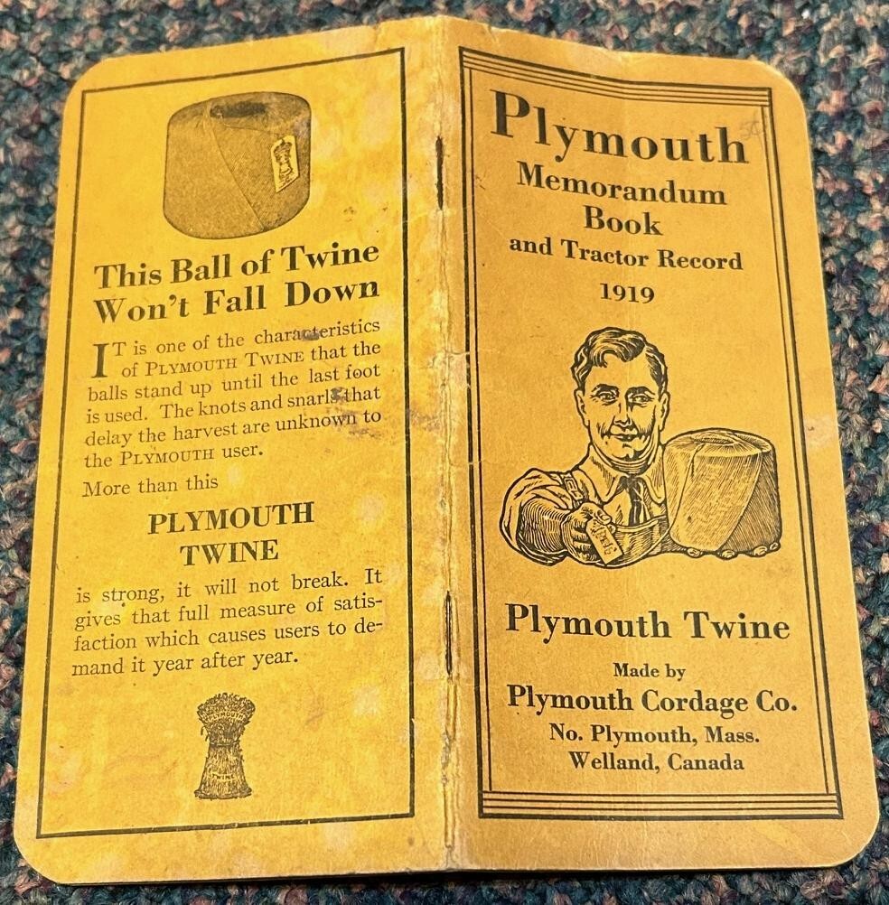 1919 Plymouth Twine Memorandum Book and Tractor Record booklet