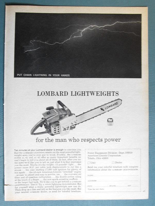 Orig 1965 Lombard Chain Saw Ad SUPER A/L 42 AUTOMATIC – A LOMBARD LIGHTWEIGHT
