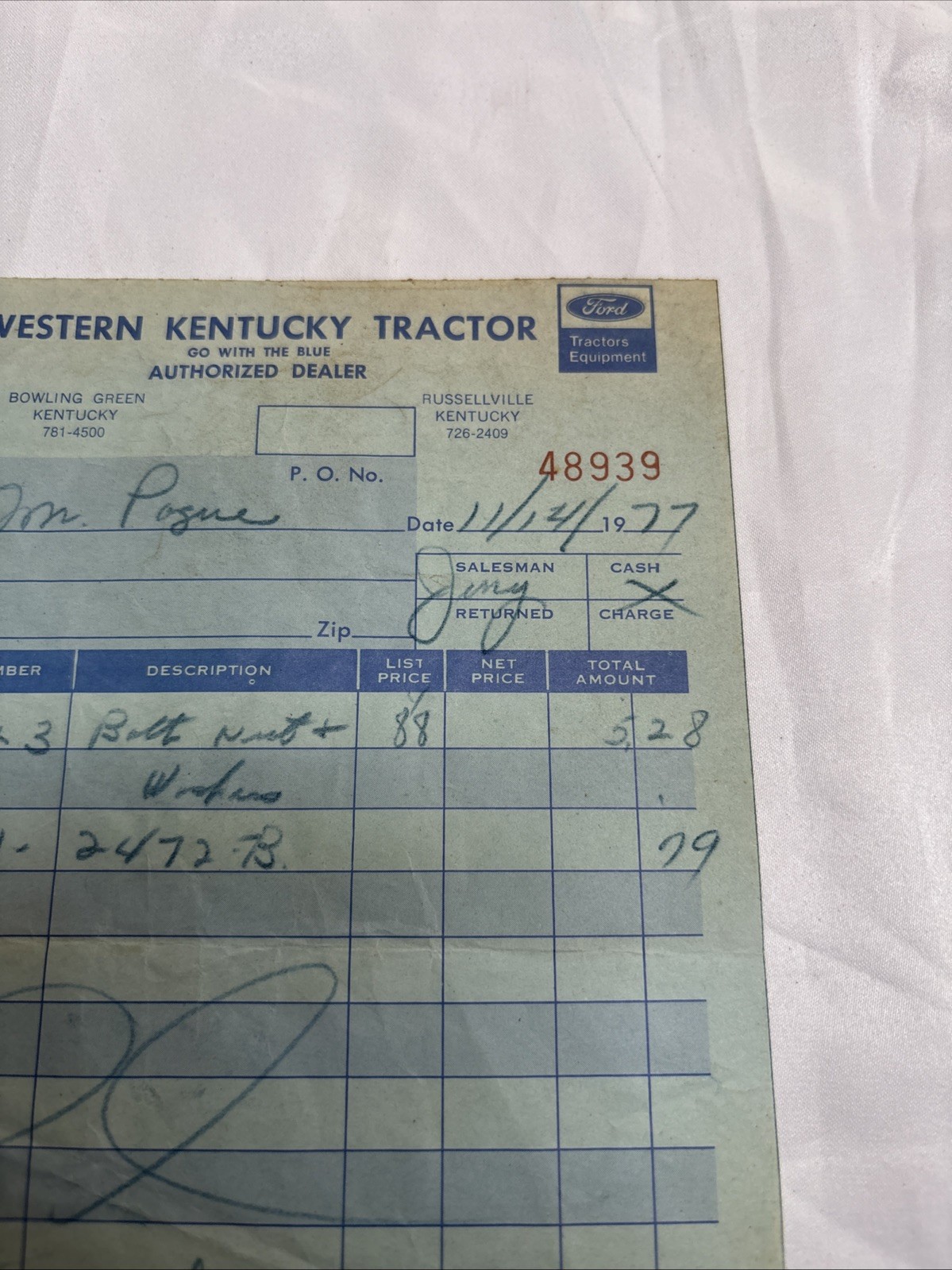 Western Kentucky Ford Tractor receipt 1977 Bowling Green dealership Mr. Payne