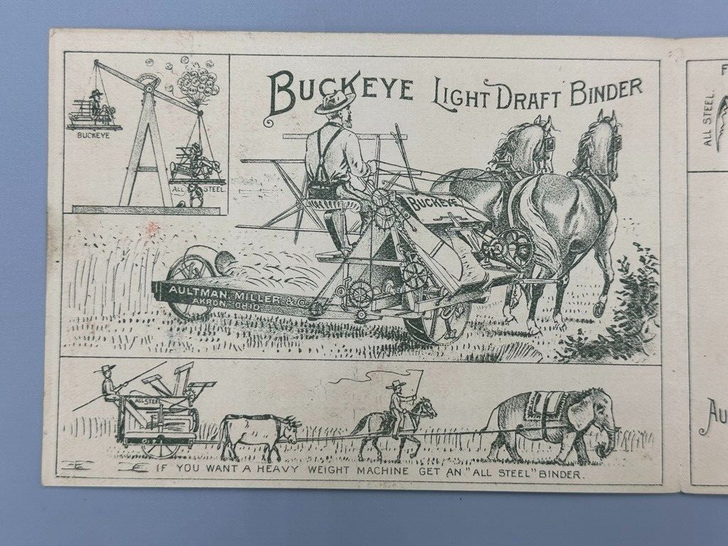 1888 BUCKEYE MOWER Farm Advertising Fold Trade Card PRESIDENT HARRISON CLEVELAND