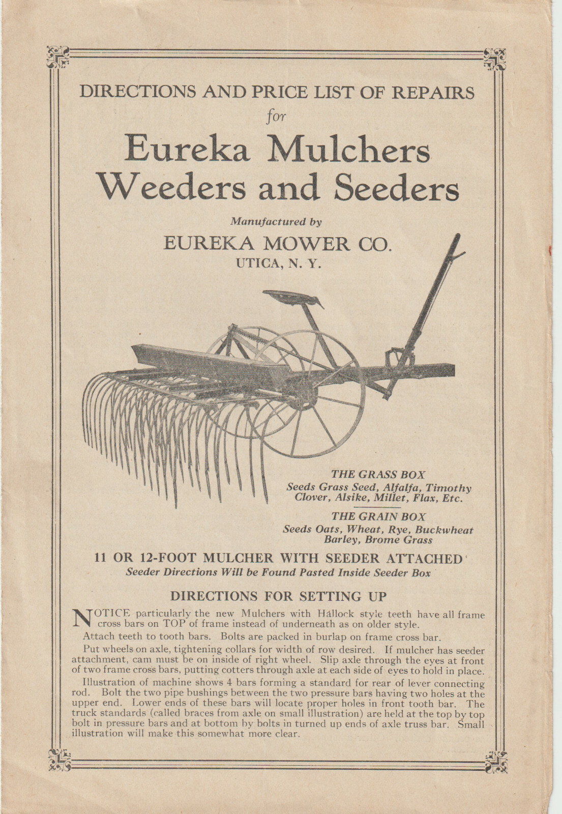 Eureka Mulchers Weeders & Seeders Directions Price List Manual Utica New York