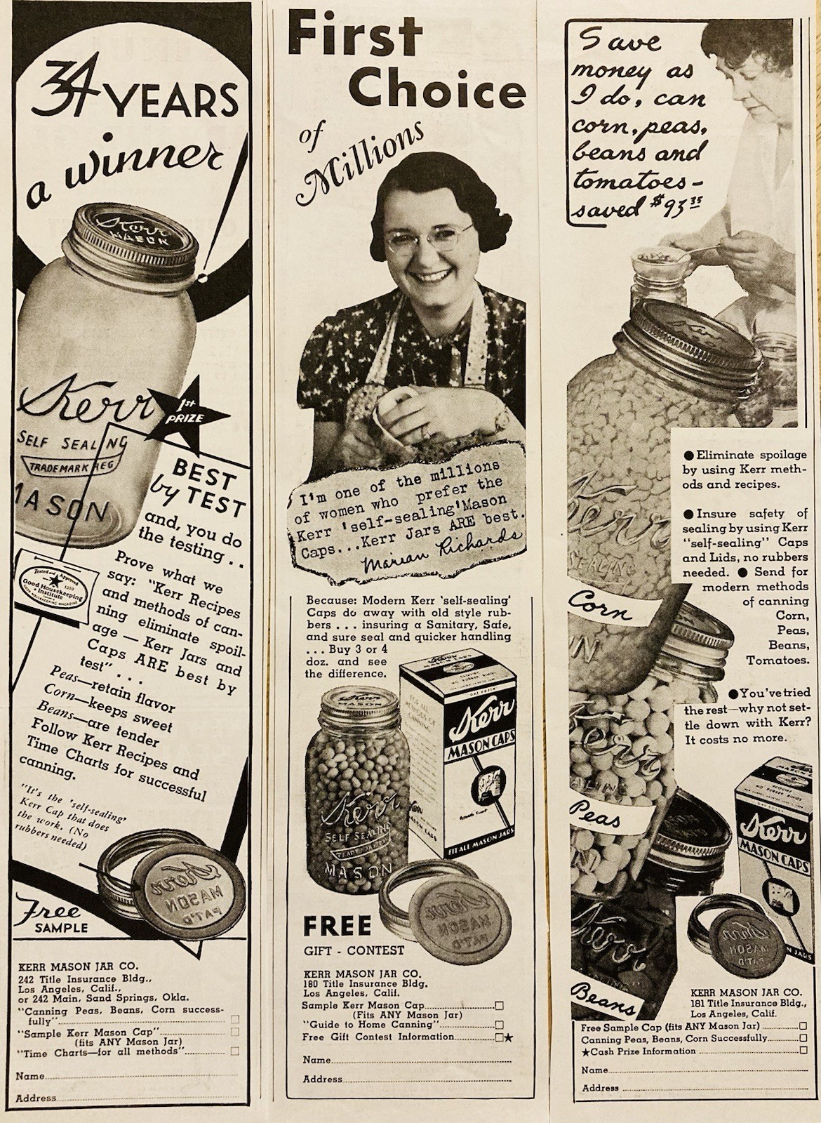 C. 1950 AD.(XH74)~KERR GLASS MFG. CO. SAND SPRINGS, OKL. KERR MASON JAR AD.’S
