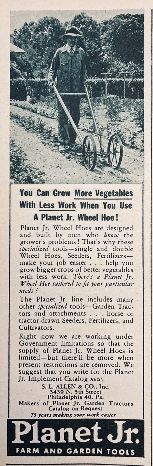 1945 AD.(XF8))~S.L. ALLEN CO. PHIL., PA. PLANET JR. WHEEL HOES CULTIVATORS