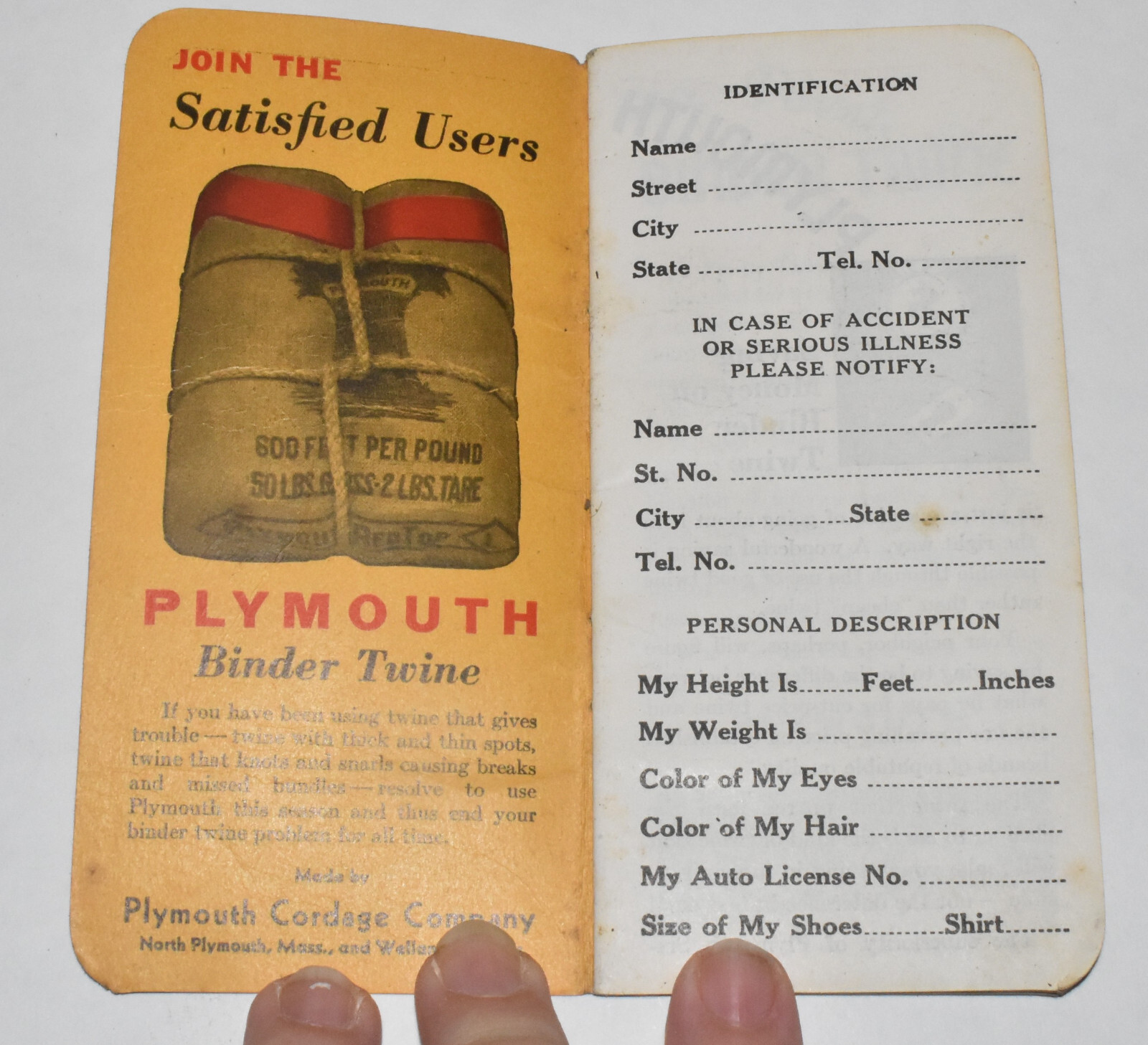 Vintage Plymouth Binder Twine Advertising Pamphlet Pocket Notebook Ledger