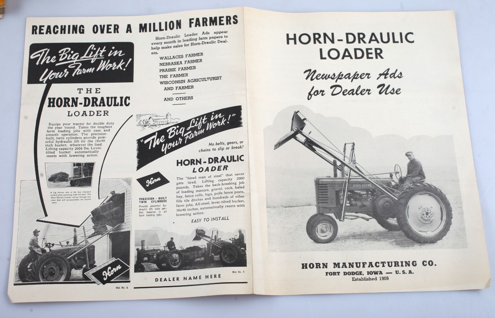 Vintage Horn Draulic Loader Newspaper Dealer Ads Brochure Fort Dodge Iowa