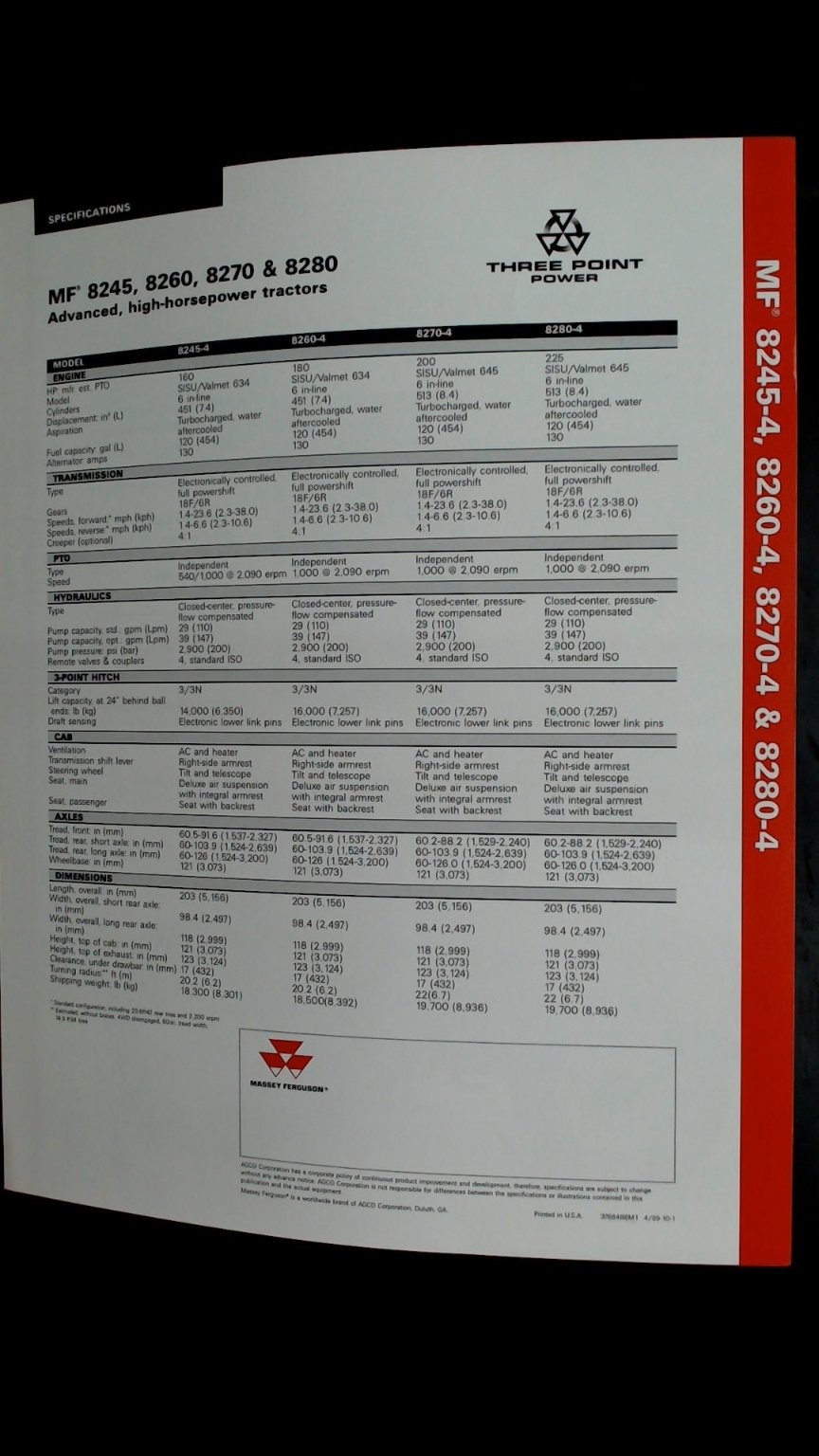 Massey Ferguson MF 8245-8280 Tractor Brochure Vintage Agriculture Spec Sheet