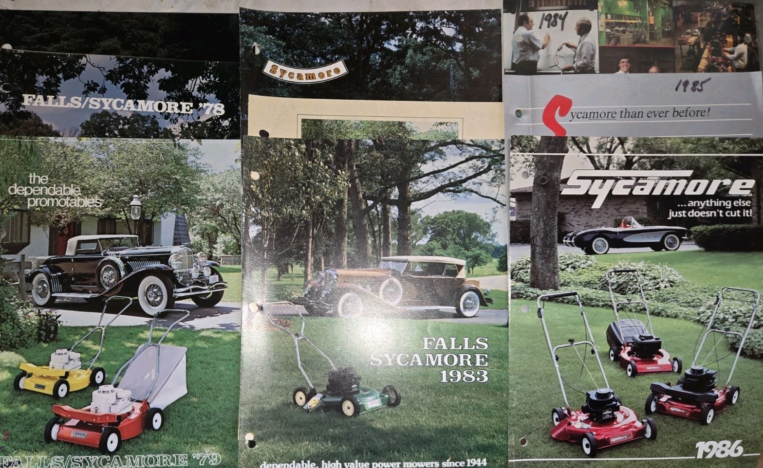 LOT OF 9 70S AND 80S FALLS SYCAMORE LAWN MOWER DEALER COLOR BROCHURES 1976-1986