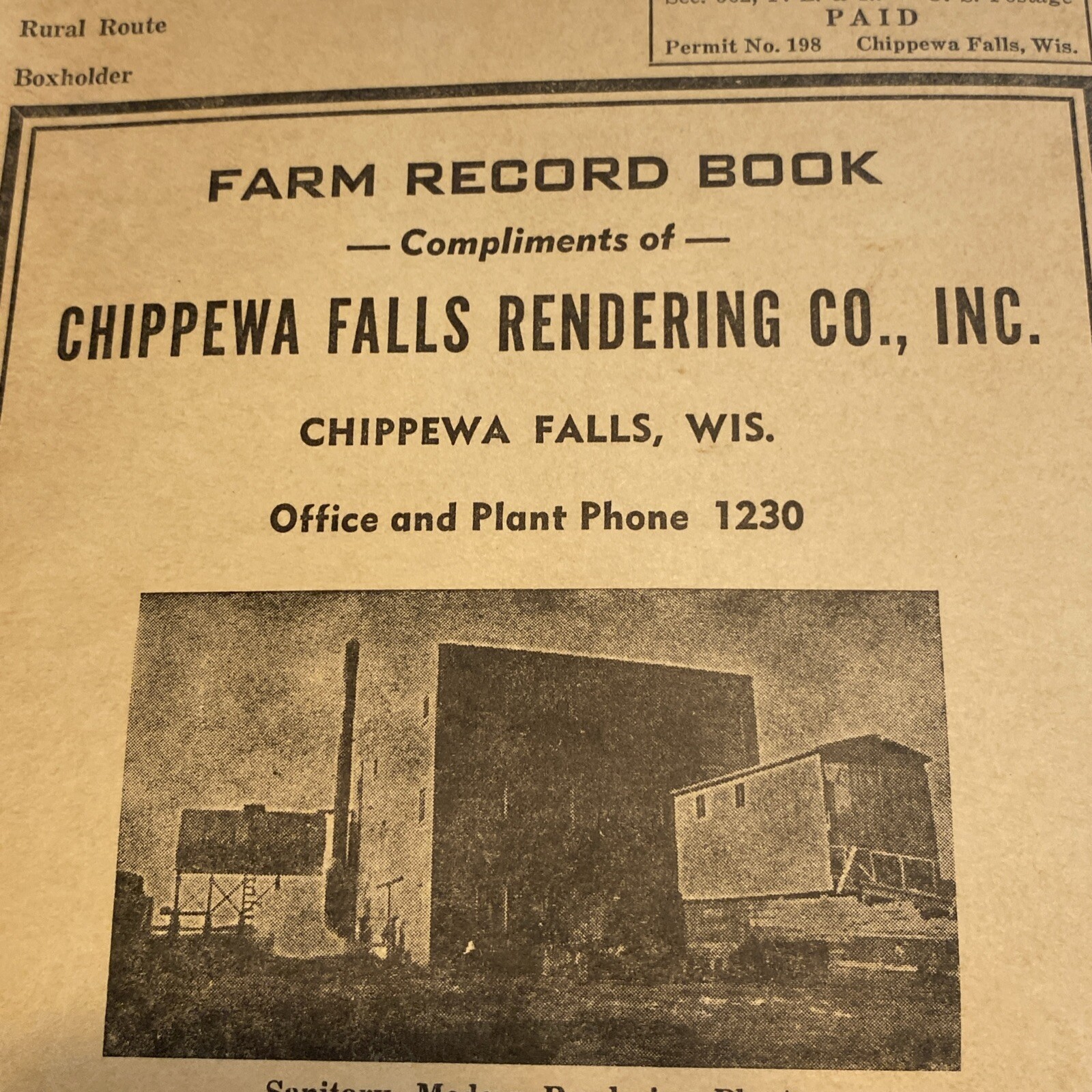 CASH PAID FOR DEAD ANIMALS Chippewa Falls Rendering Advertising Farm Record Book