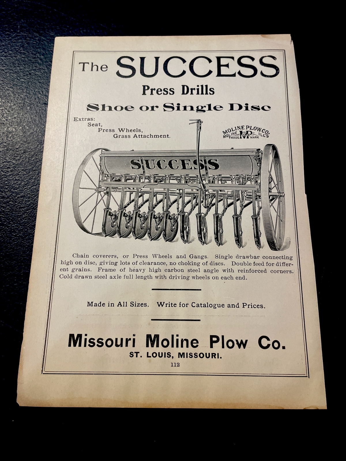 ORIGINAL 1907 Success Press Drill Farm Advertising – Missouri Moline Plow Co.