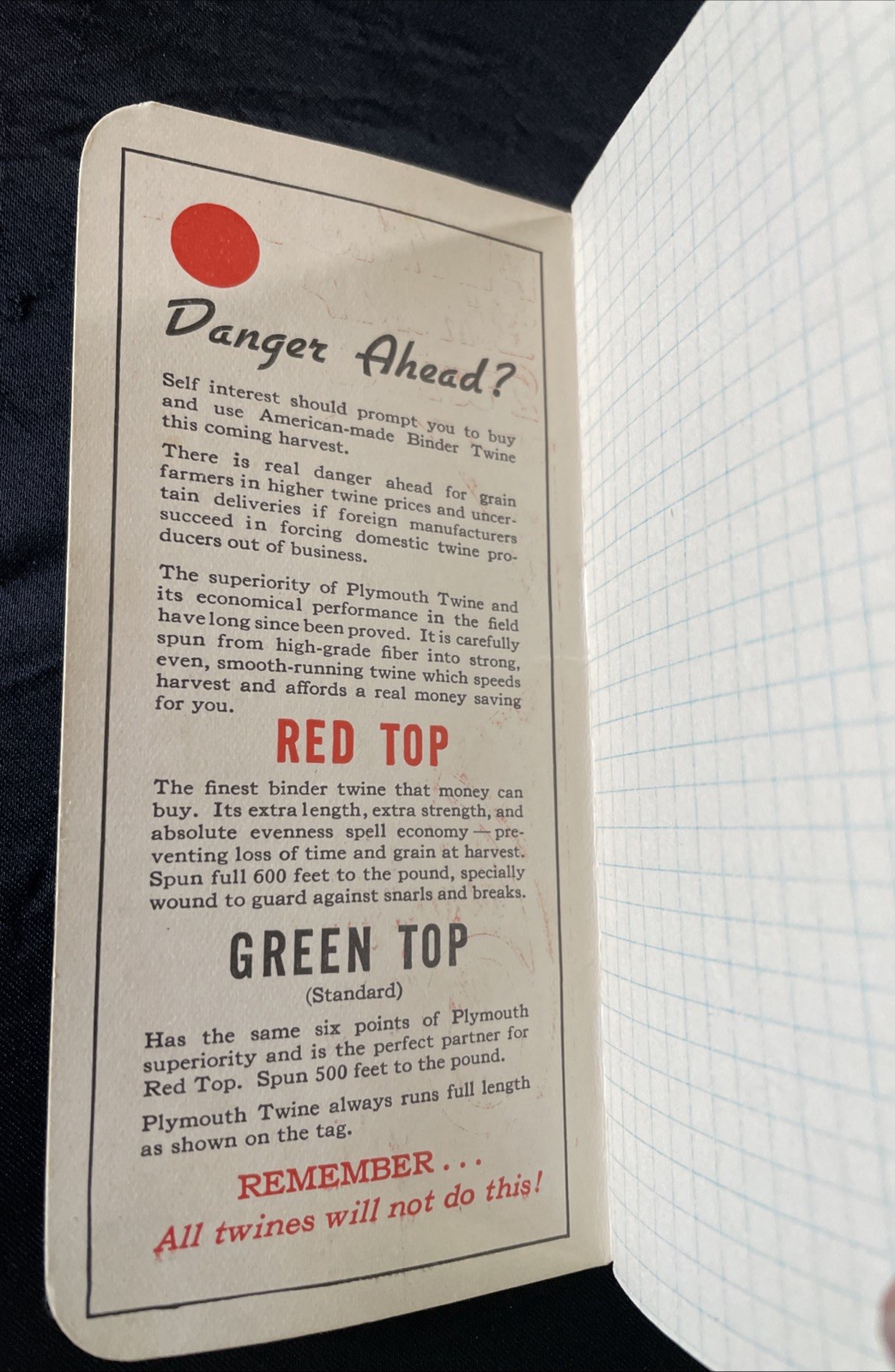 Vintage 1938 39 Plymouth Binder Twine Cordage Co. Pocket Memo Note Book | Clean!