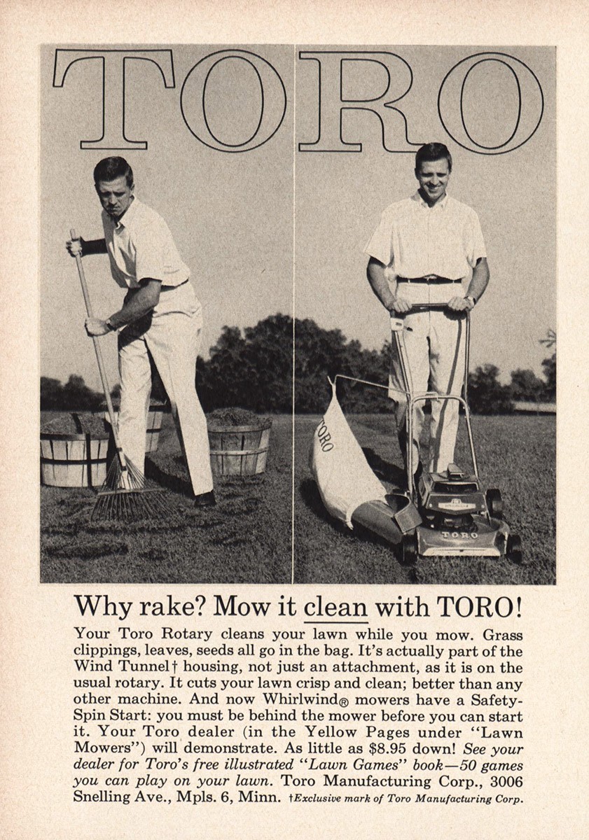 1961 Toro: Why Rake Mow It Clean Vintage Print Ad