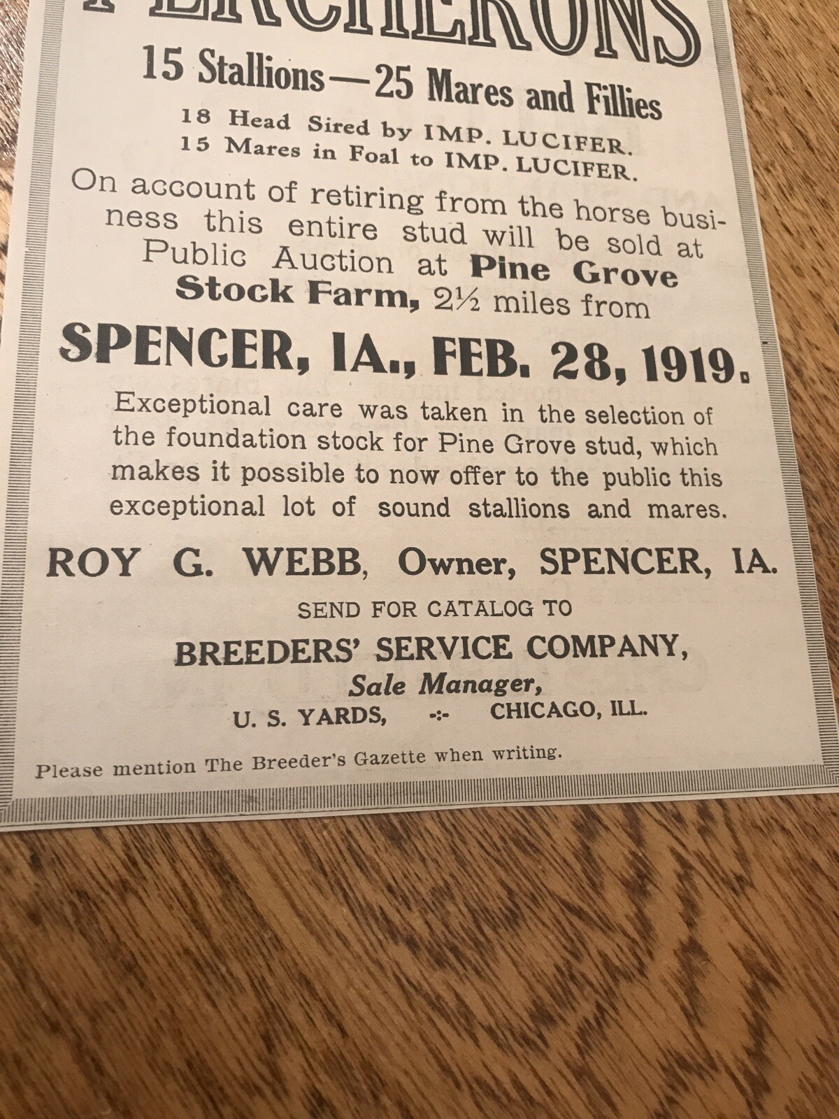 1919 Horse Public Sale – Spencer – Iowa – Farm Advertising