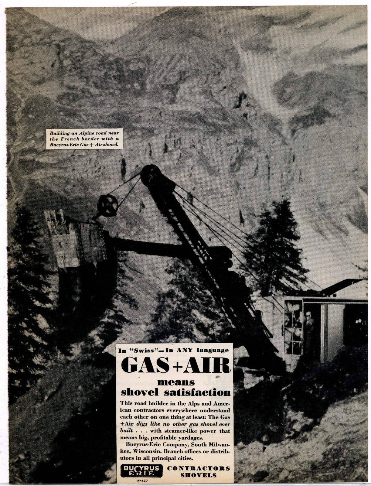 1932 Bucyrus Erie Equipment Ad: BE Gas + Air Shovel In French Alps Road Building