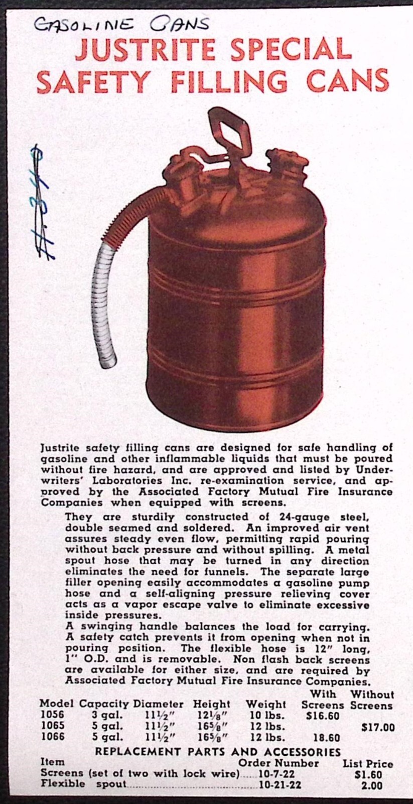 1952 Justrite Safety Products Safety Can Plunger Can Oil Waster Can Brochure
