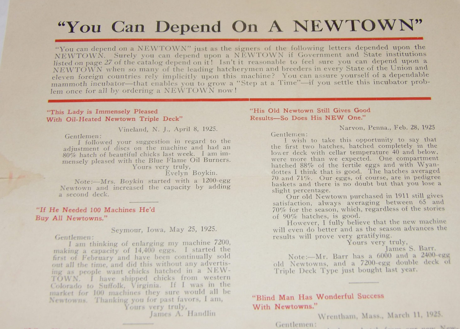 VINTAGE 1925 NEWTOWN OIL LAMP-HEATED INCUBATORS BROCHURES! 4 PCS/HARRISONBURG,VA