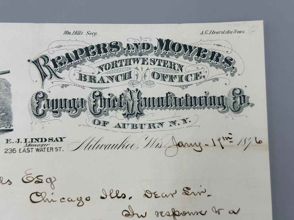 1876 CAYUGA CHIEF Machinery FARM Letter Antique Advertising AUBURN NY Milwaukee