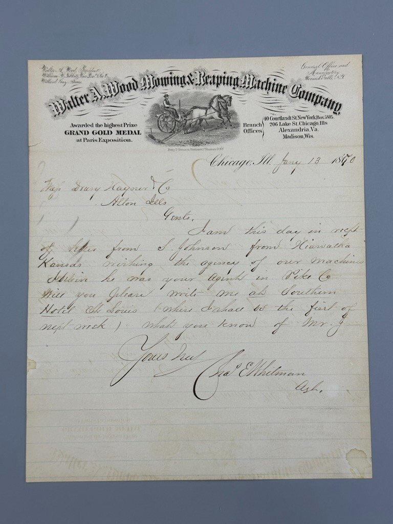 1870 Walter A Wood MOWING & REAPING MACHINE Co Farm Advertising Letter Antique