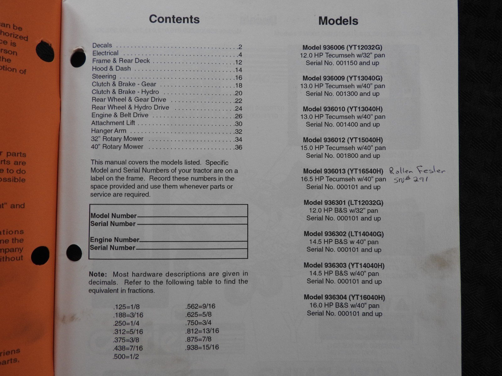 GENUINE ARIENS SIERRA 936 SERIES LAWN TRACTOR PARTS CATALOG MANUAL MINTY 1995