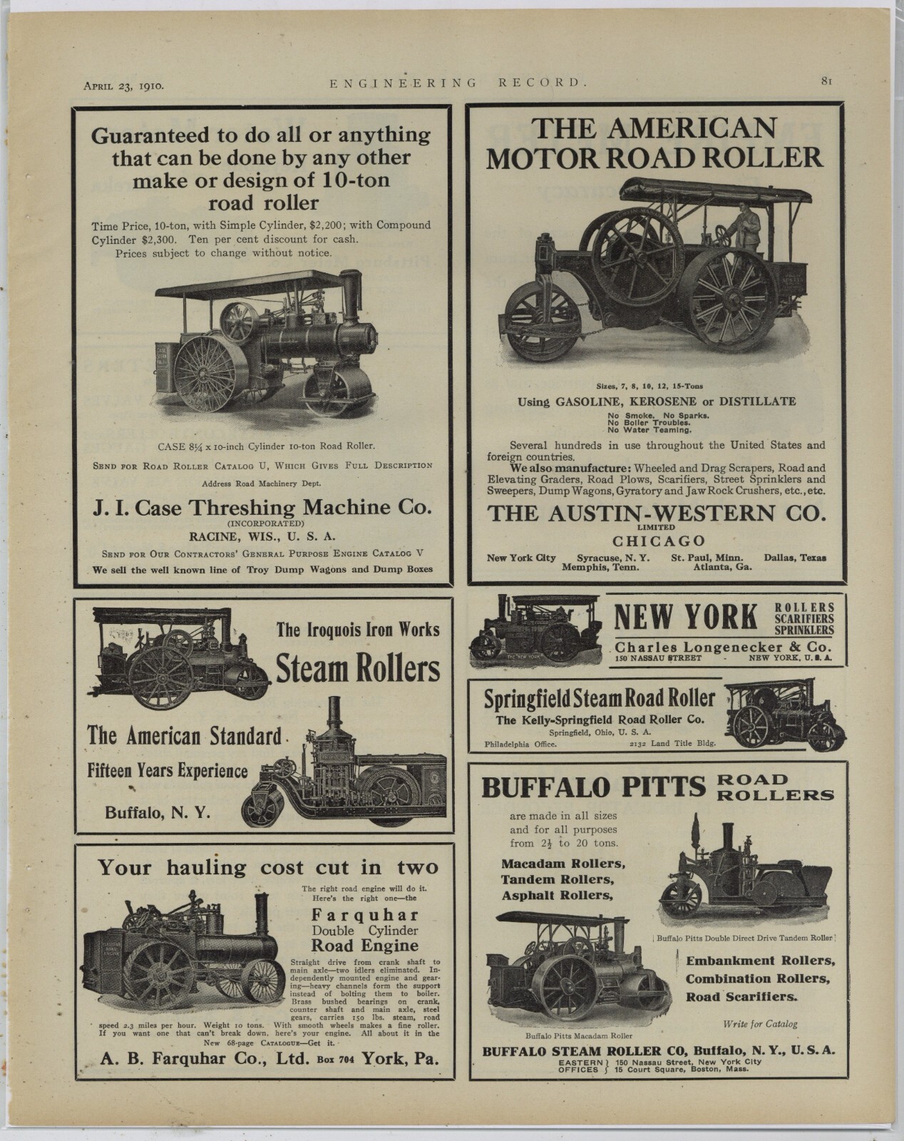 1910 Road Roller Ads on 1 Page: Case, Iroquois Iron Works, Farquhar, Springfield