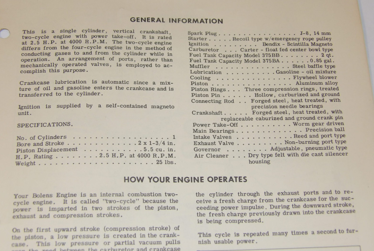 VINTAGE 1950s BOLENS ENGINE OWNER MANUAL & PARTS LIST/CATALOG! 375 BA 01/BB 01