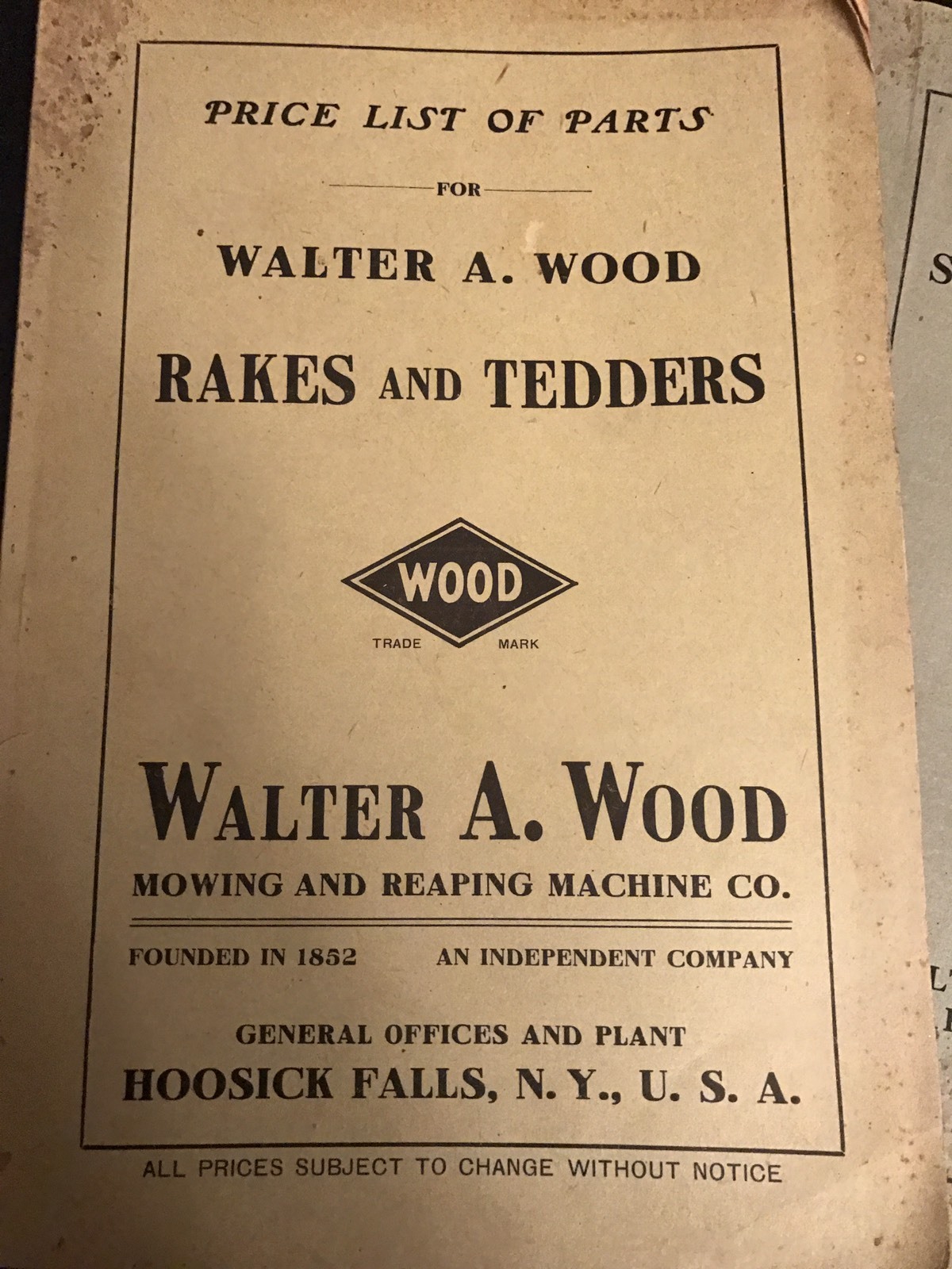 1917 WALTER A WOOD HARVESTER CO Sales Catalog Reaping Rakes Price List Lot of 2