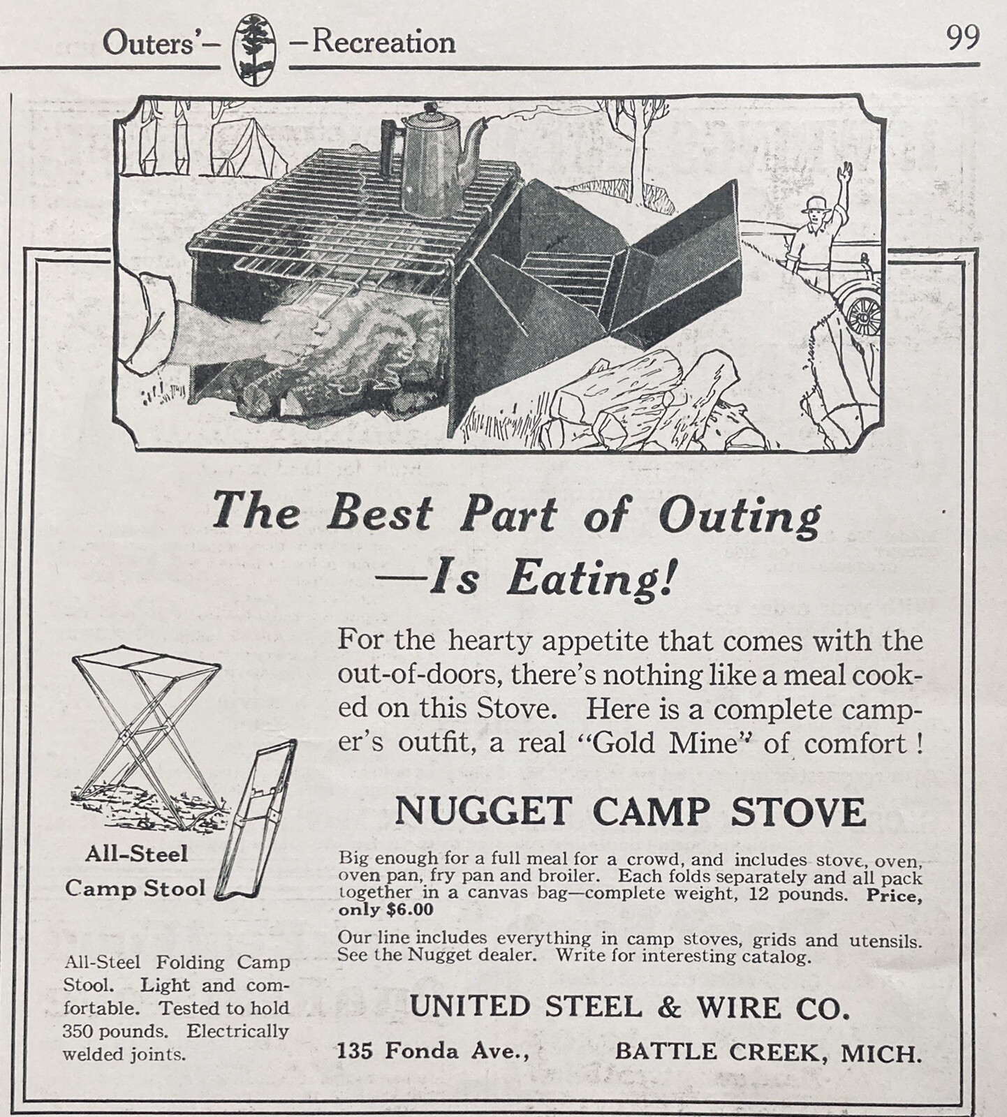 1924 AD(XF6)~UNITED STEEL & WIRE CO. BATTLE CREEK, MI. NUGGET CAMP STOVE